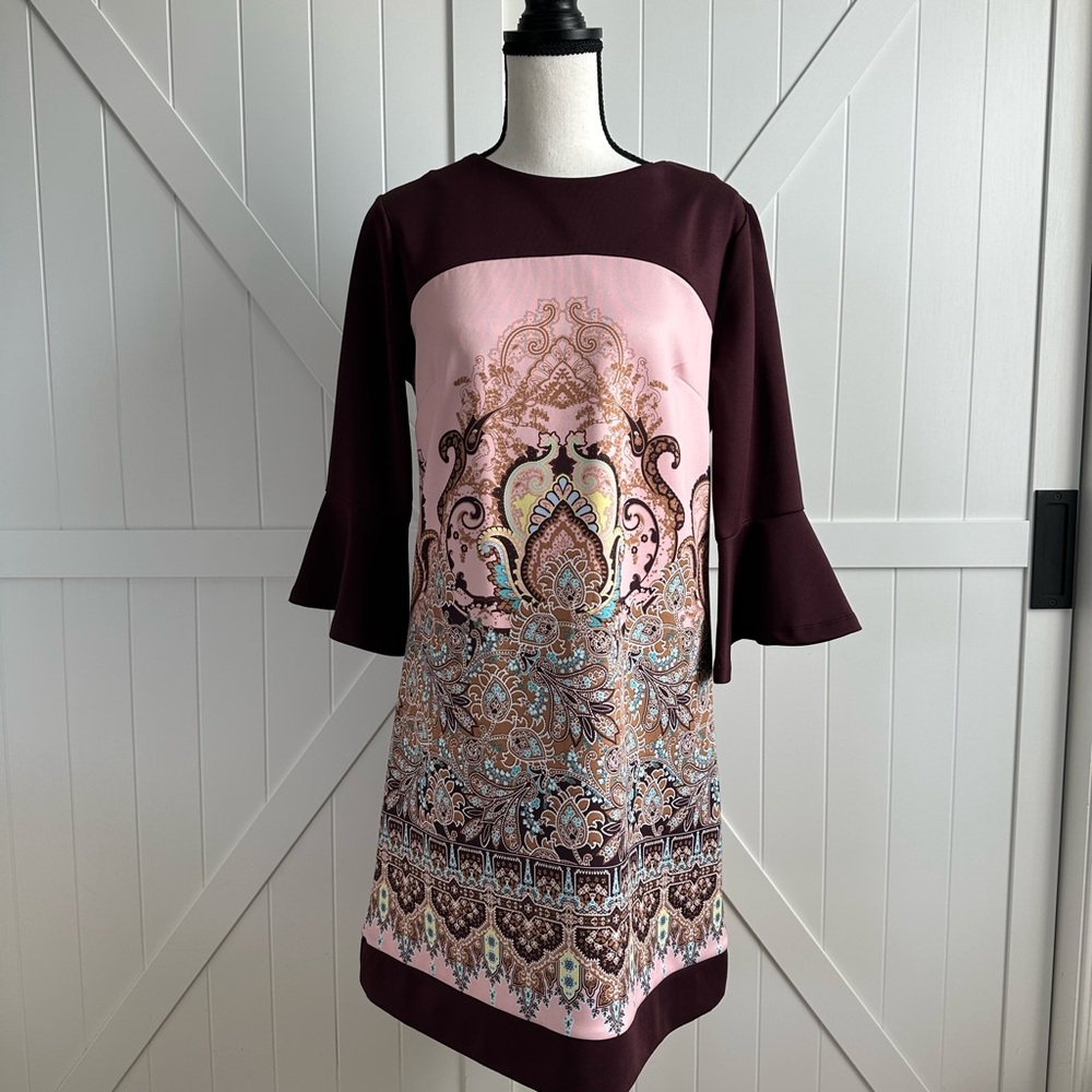 New York & Company Stretch Paisley Shift Dress Size M Brown and Pink Boho Print